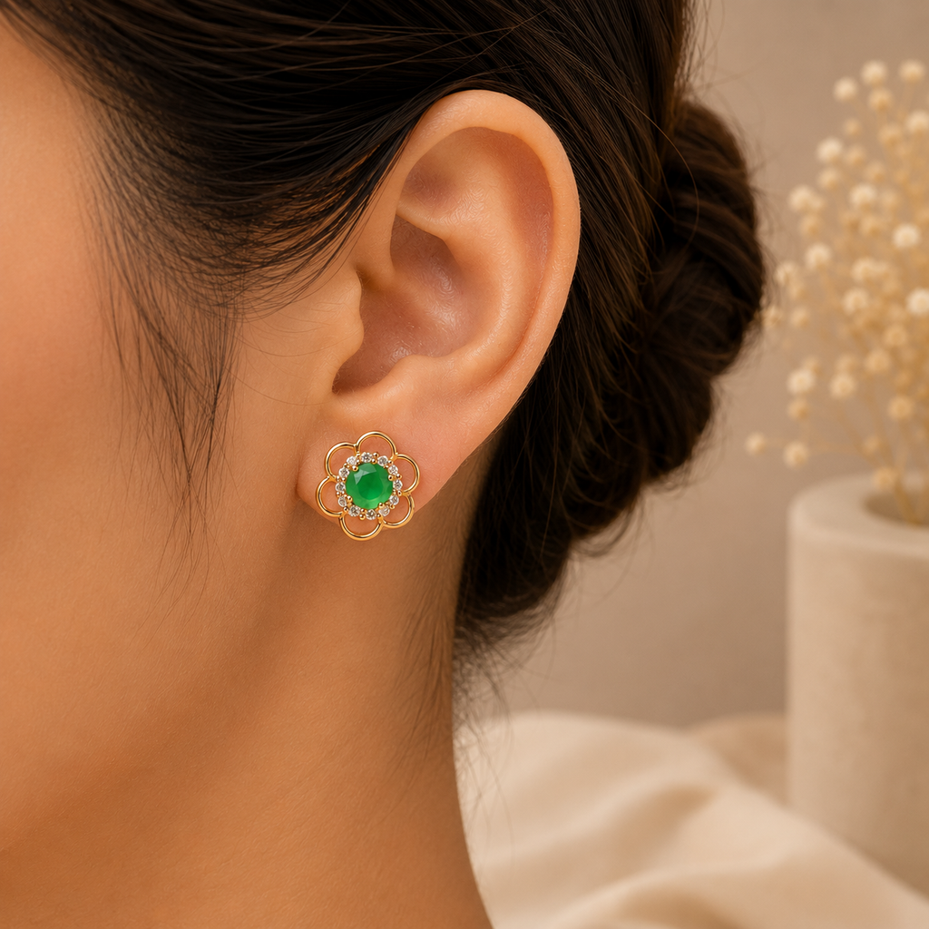 ERD0032 - Emerald Floral Halo Stud Earrings