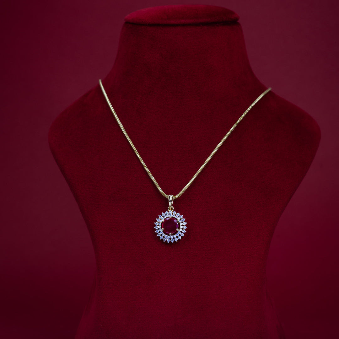Ruby Red CZ Halo Pendant &amp; Stud Earring Set – P0140