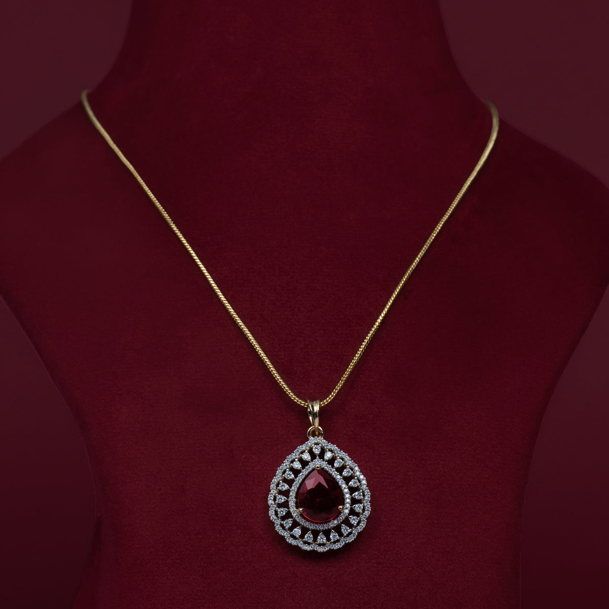 Ruby Teardrop Crystal Pendant &amp; Matching Stud Earrings – P0035