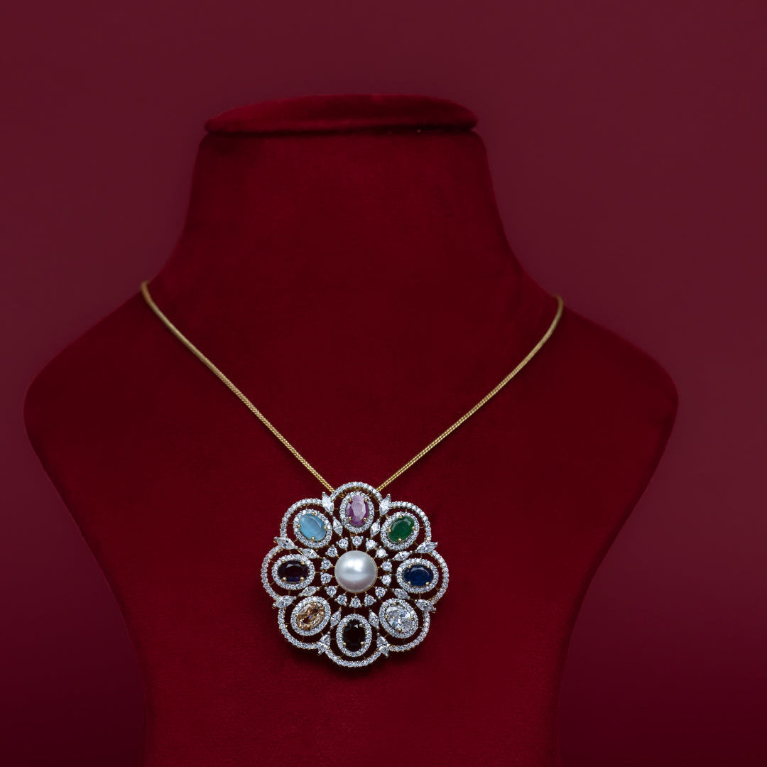 Multicolor Floral Pearl Cubic Zirconia Pendant Necklace Set – PD0038