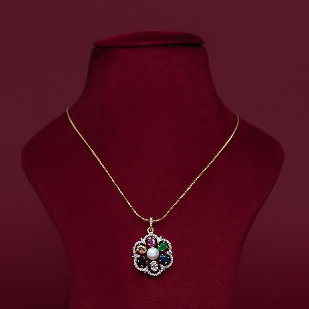 Multicolor Floral Pearl Cubic Zirconia Pendant Necklace Set – PD0039