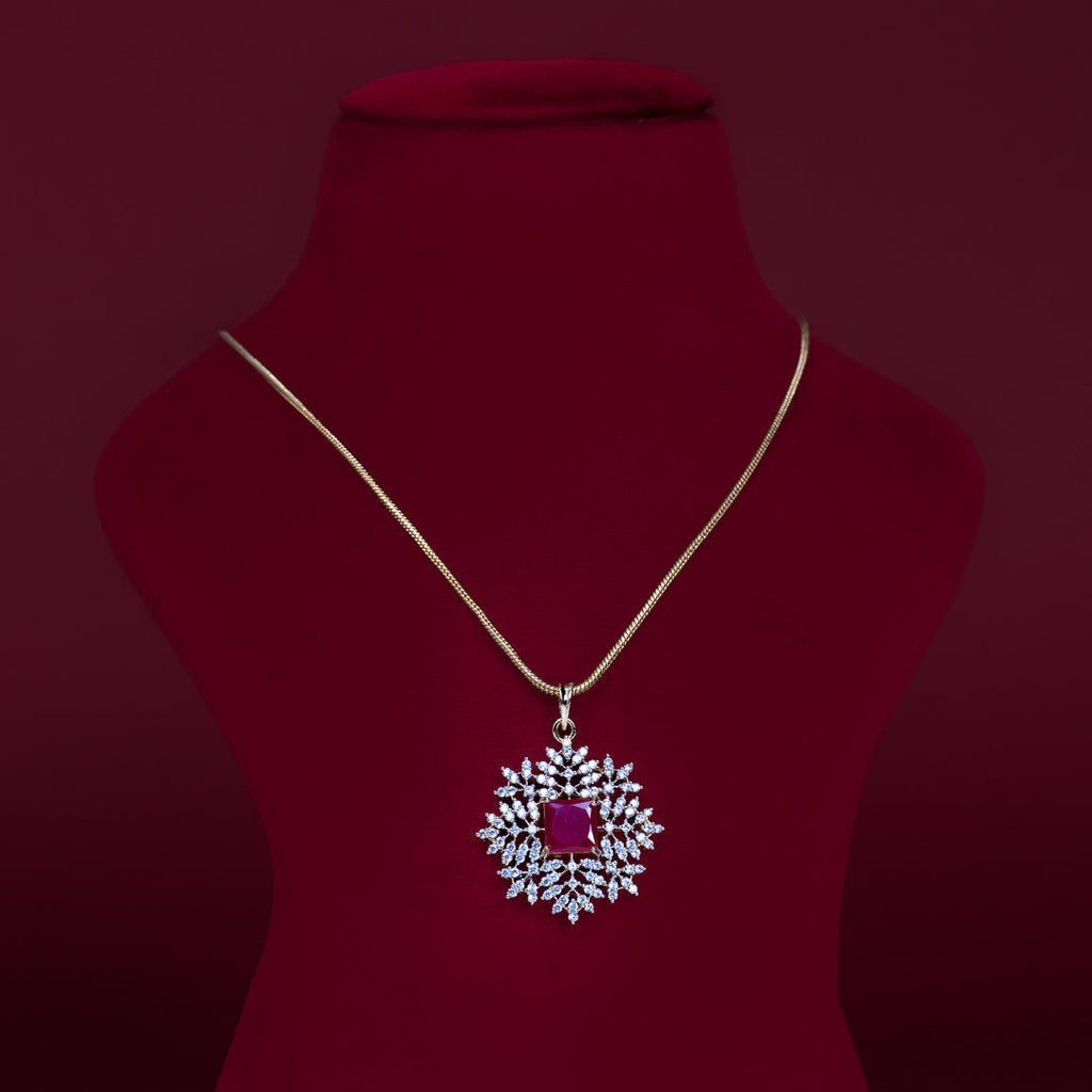 Elegant Ruby CZ Floral Pendant Necklace Set – PD0051