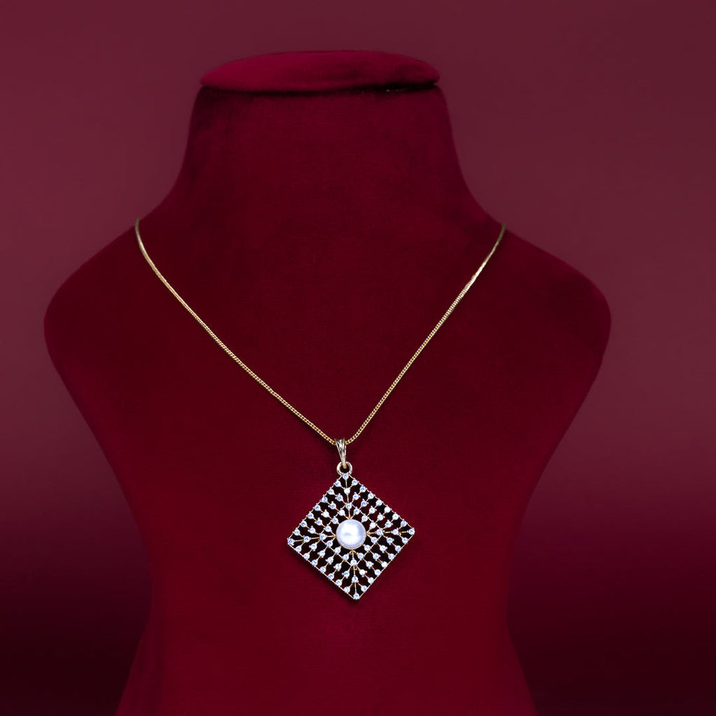 Pearl Diamond-Shaped CZ Pendant Necklace Set – PD0062