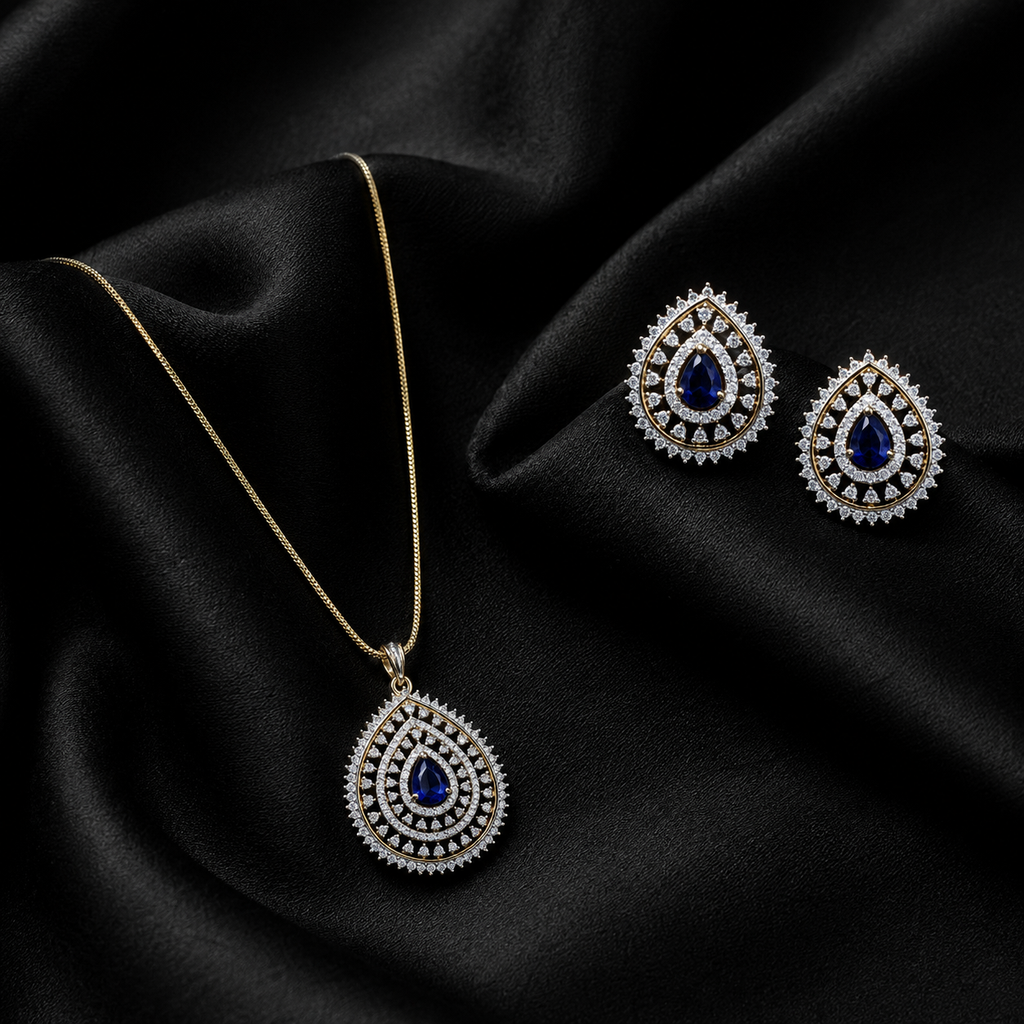 Blue Teardrop CZ Pendant Necklace Set – PD0015