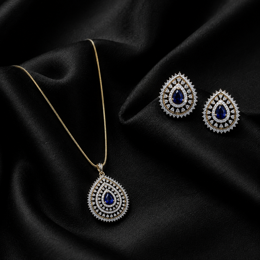 Blue Teardrop CZ Pendant Necklace Set – PD0015