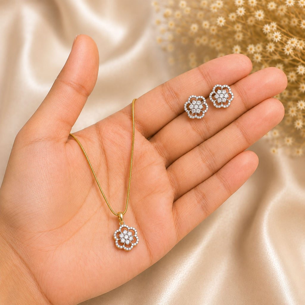 Floral CZ Pendant Necklace Set – PD0014