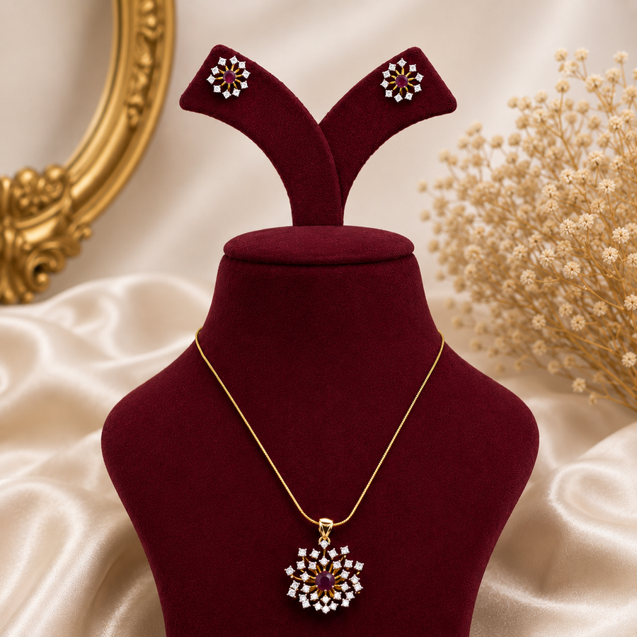 Ruby Floral CZ Pendant Necklace Set – PD0009