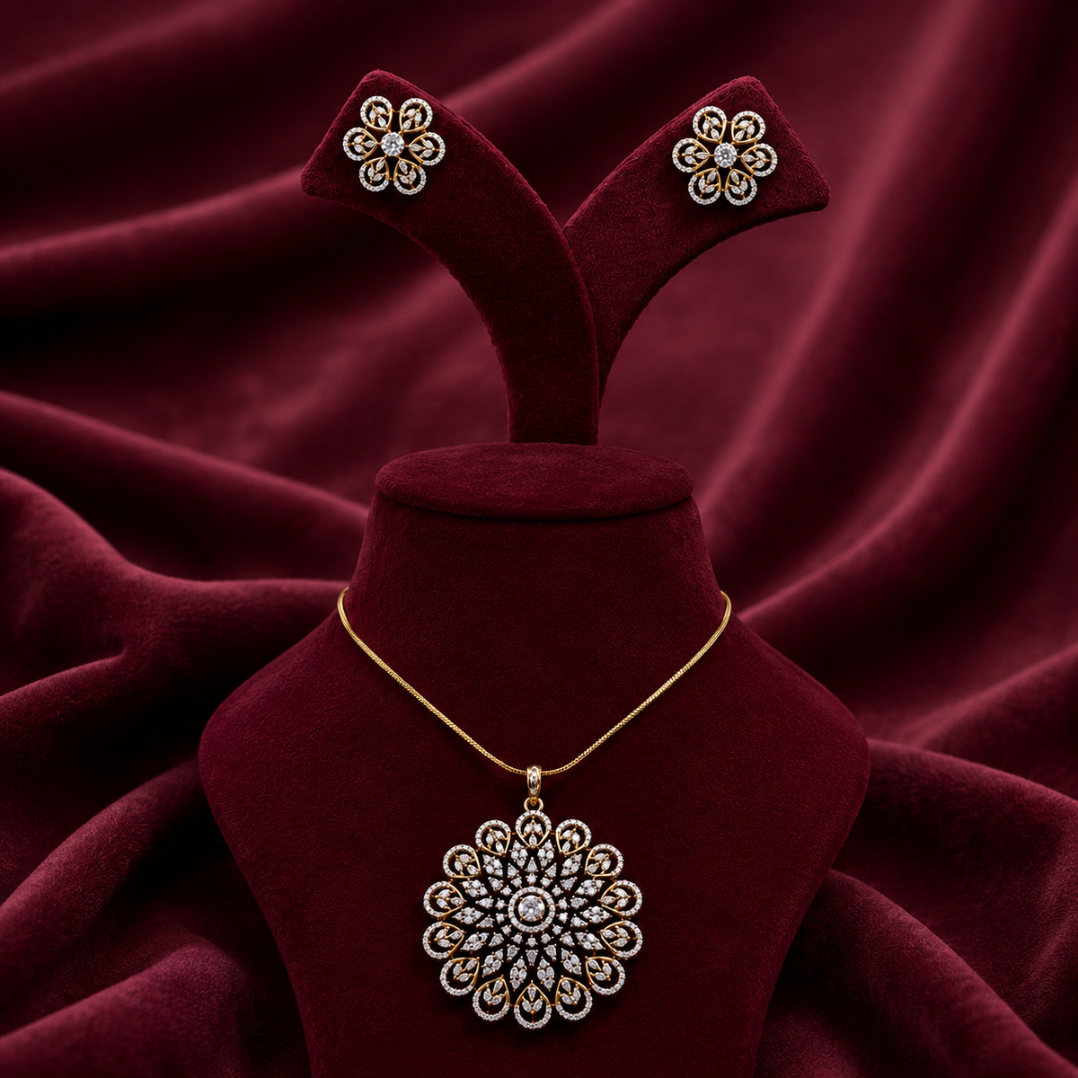 Floral CZ Pendant Necklace Set – PD0008