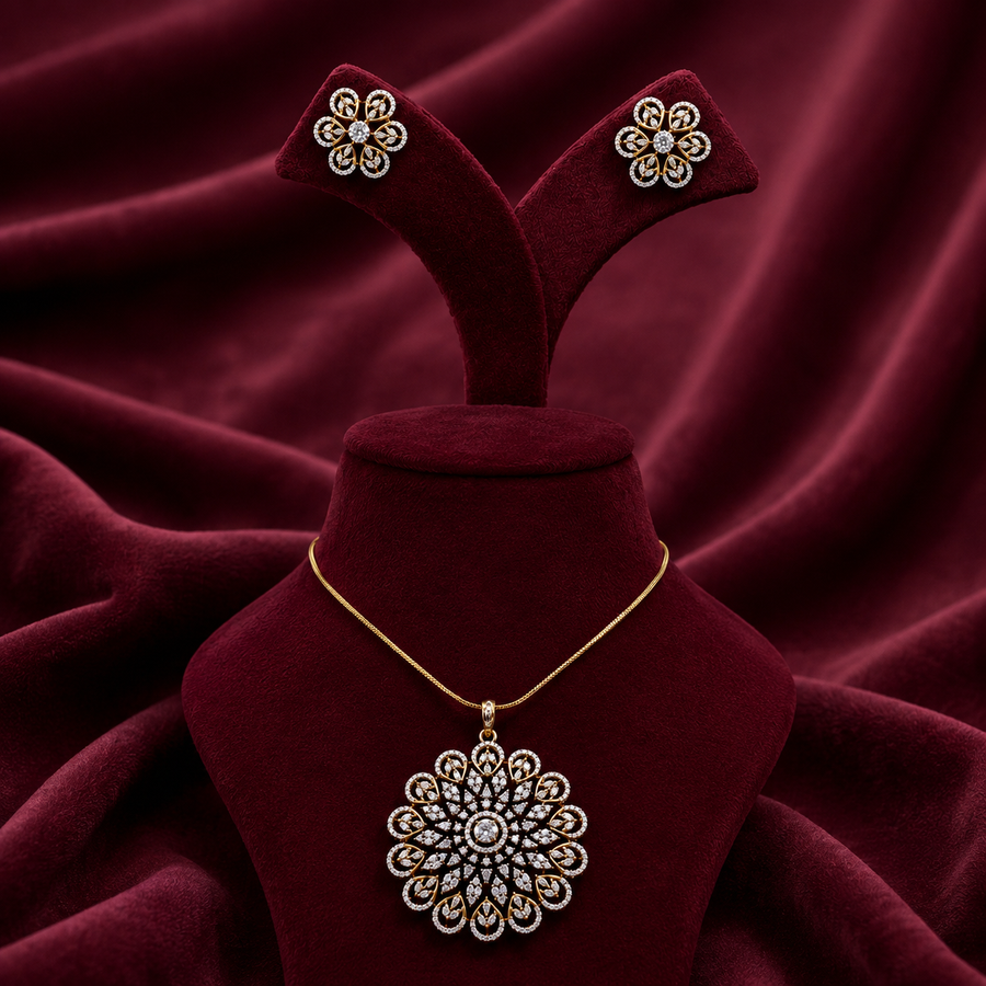 Floral CZ Pendant Necklace Set – PD0008