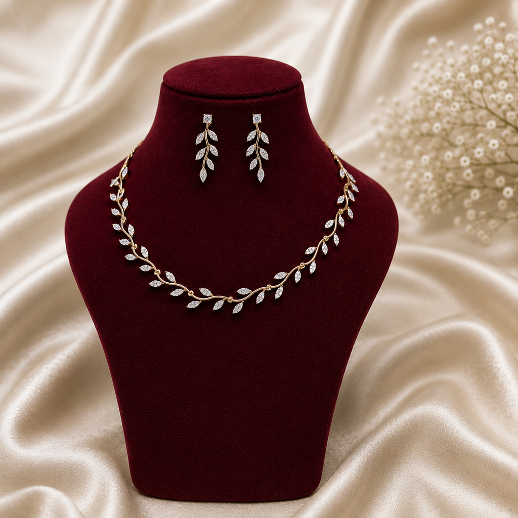 Delicate Leaf Vine Diamond Necklace Set – ND0024