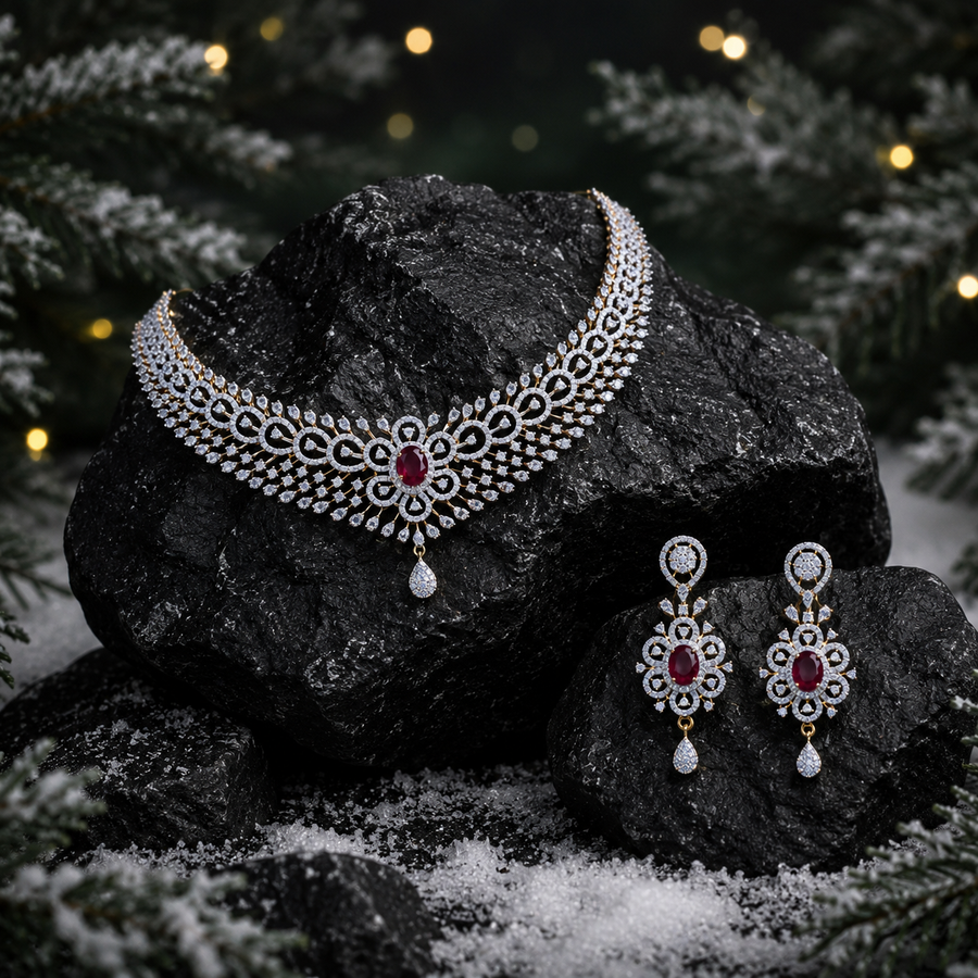 Ruby Floral Diamond Necklace Set – ND0003