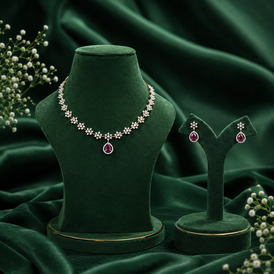 Ruby Teardrop Floral Necklace Set – ND0002