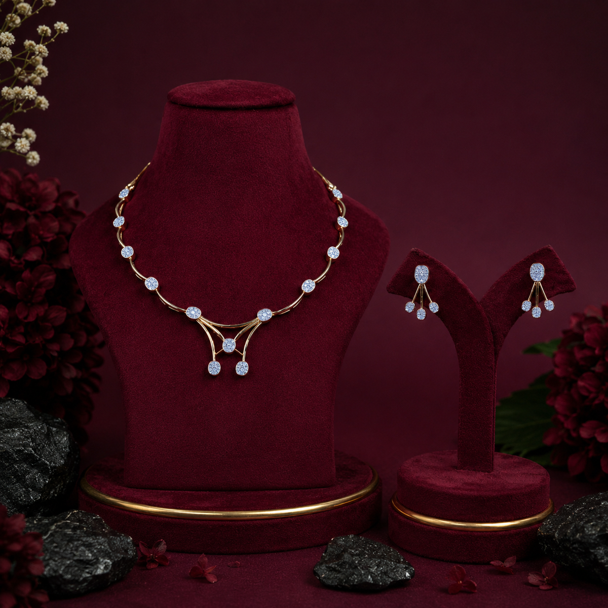 Modern Diamond Cluster Necklace Set – ND0008