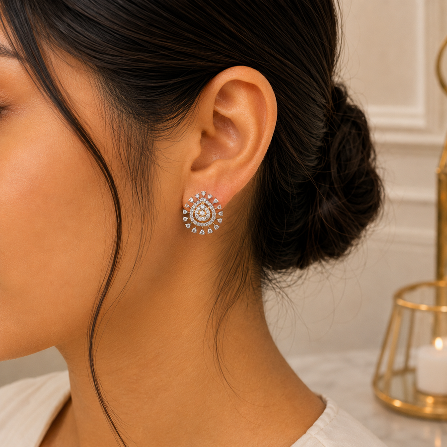 ERD0027 - Sunburst Teardrop Diamond  Earrings
