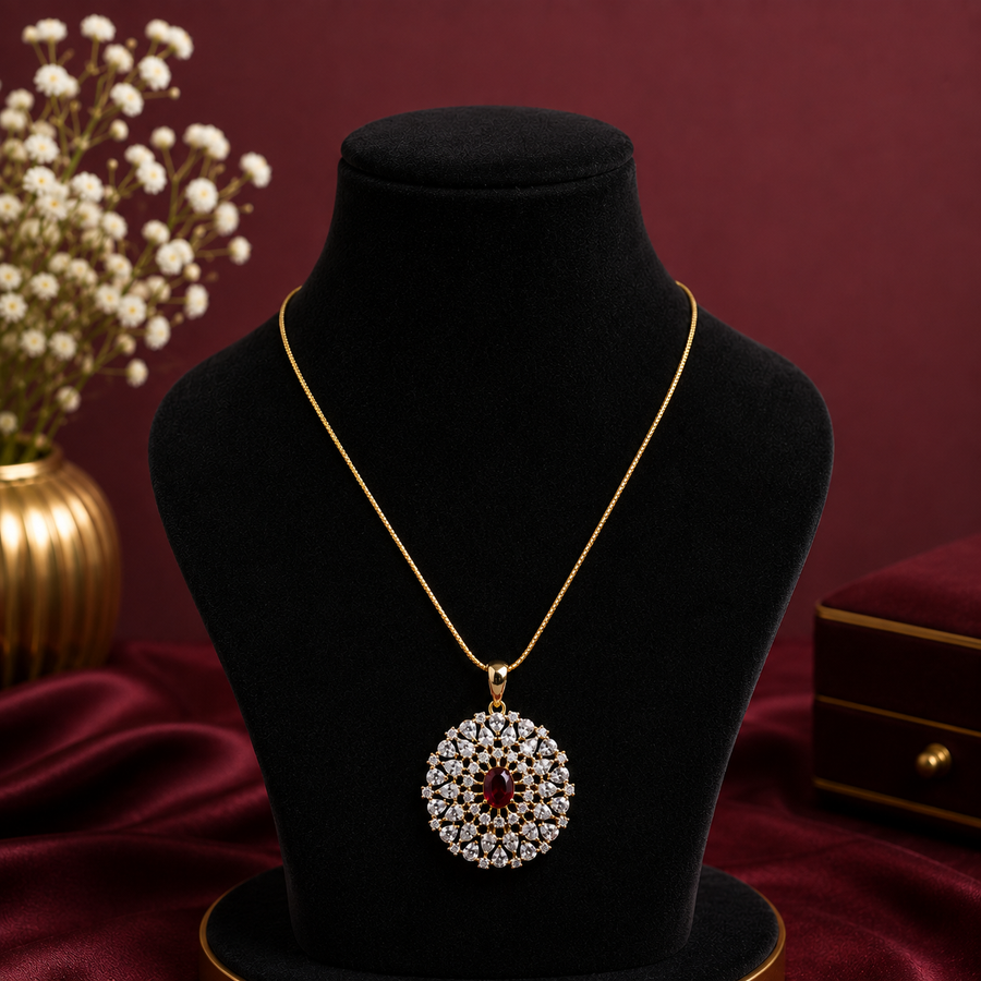 Ruby Halo CZ Pendant Necklace Set – PD0013
