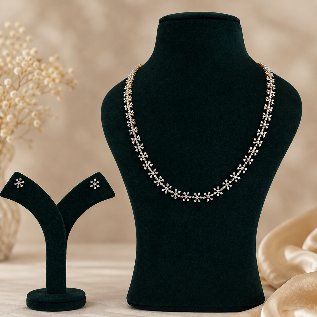 Elegant Floral Diamond Cut Necklace & Stud Earrings Set – HD0004