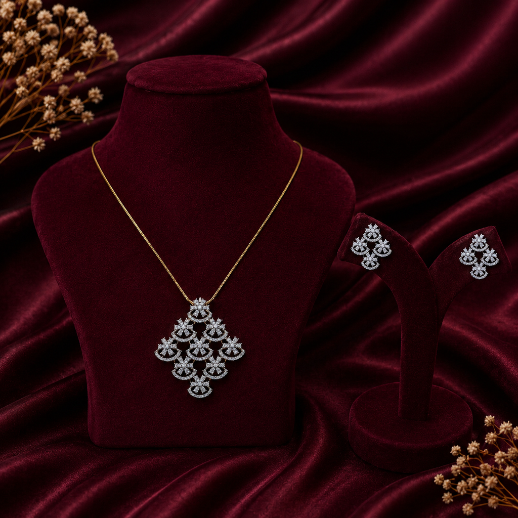 Floral Cascade CZ Pendant Necklace Set – PD0024