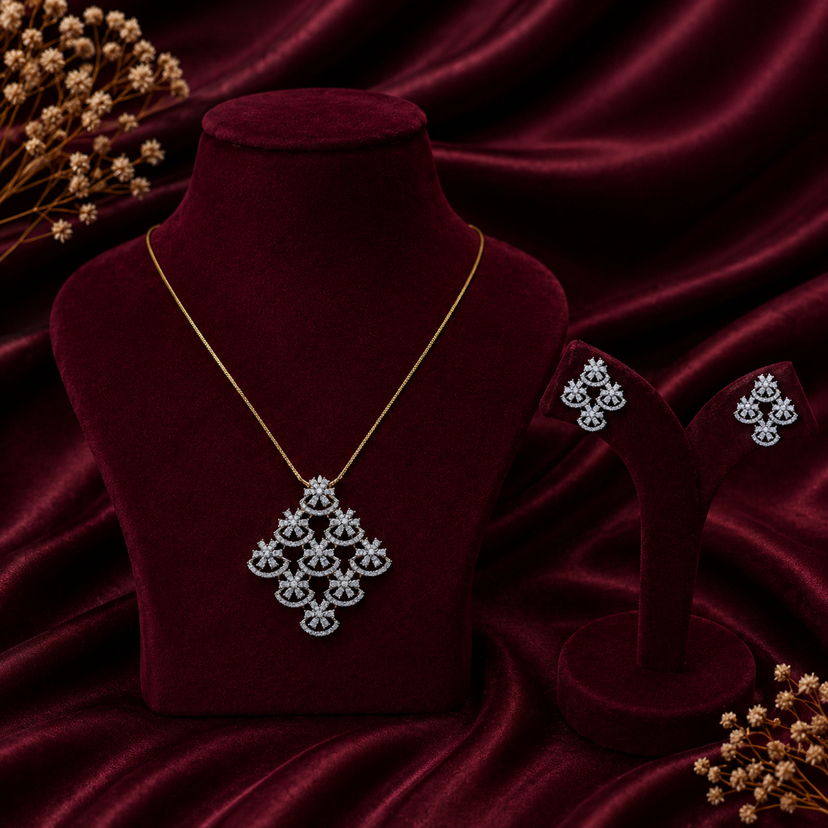 Floral Cascade CZ Pendant Necklace Set – PD0024