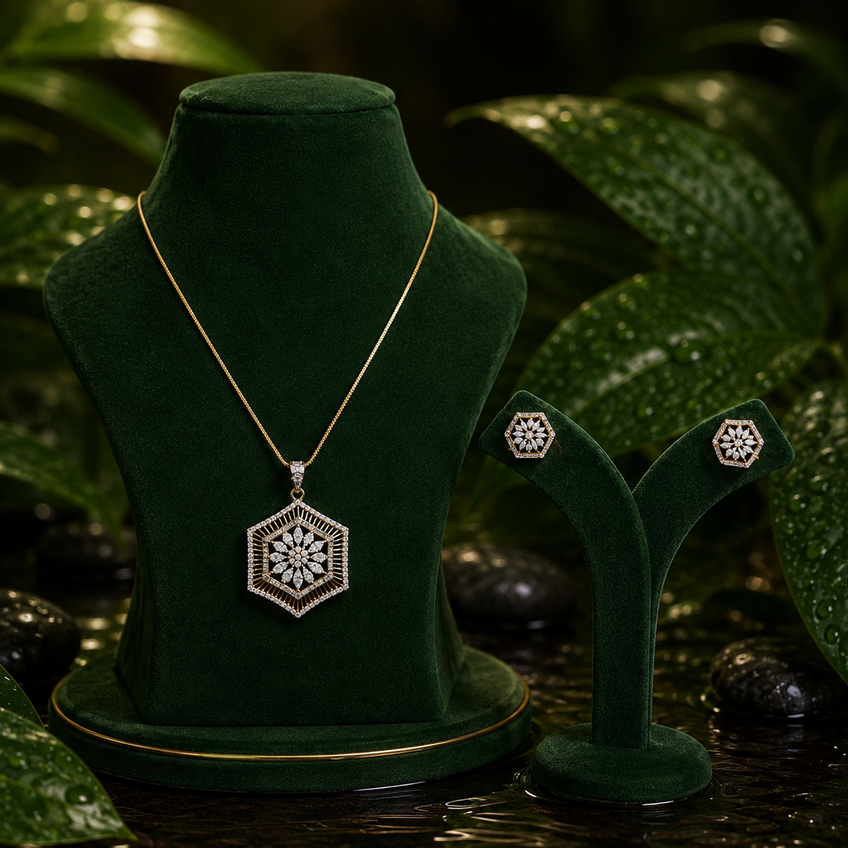 Geometric Floral CZ Pendant Necklace Set – PD0026