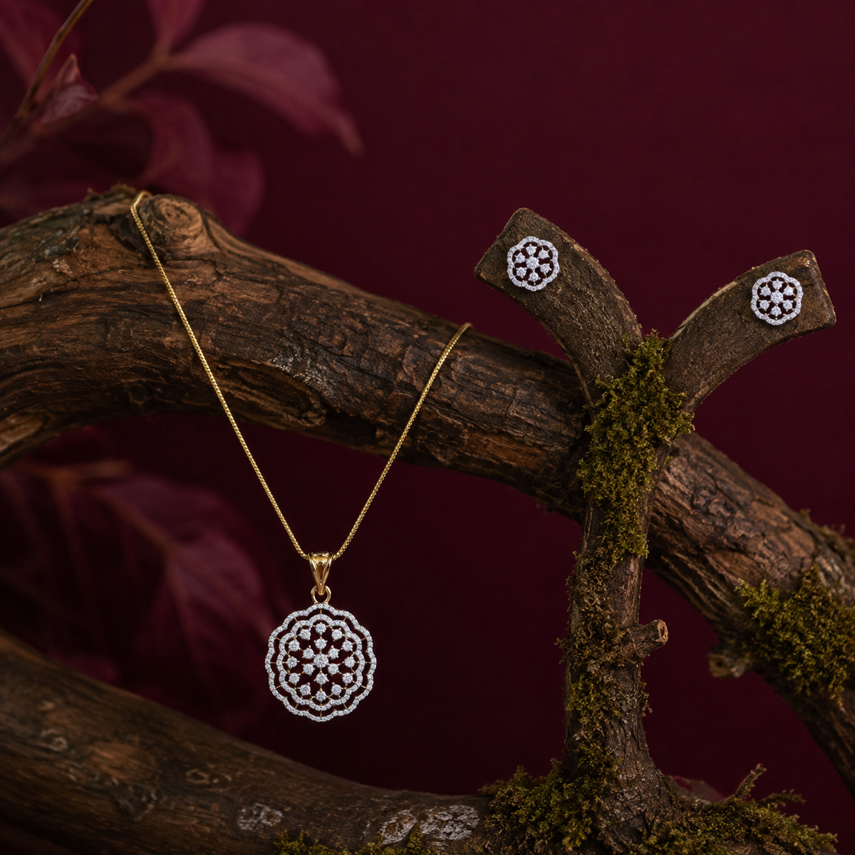 Elegant Floral CZ Pendant Necklace Set – PD0028