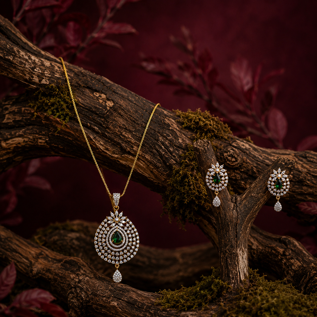 Emerald Teardrop CZ Pendant Necklace Set – PD0031