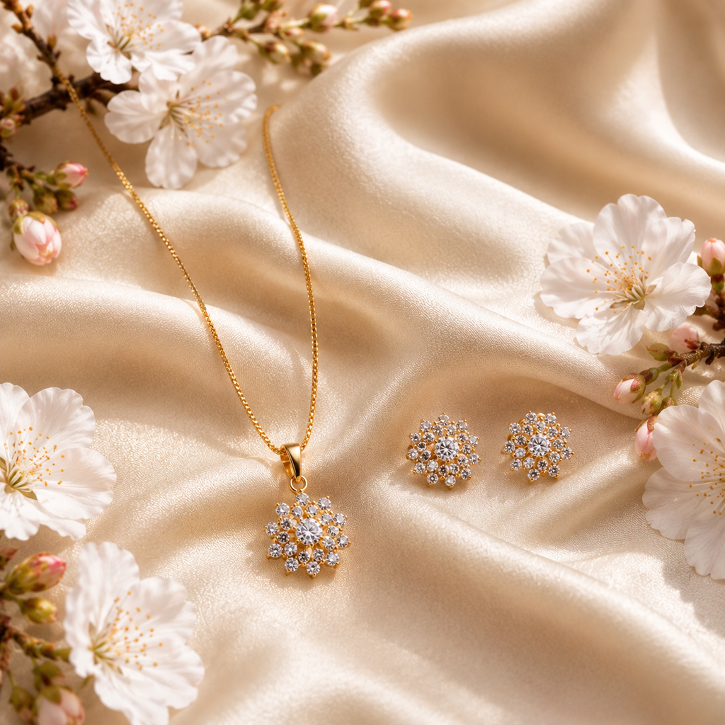 Floral Halo Cubic Zirconia Pendant Necklace Set – PD0037