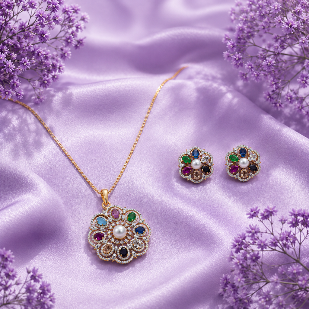 Multicolor Floral Pearl Cubic Zirconia Pendant Necklace Set – PD0038
