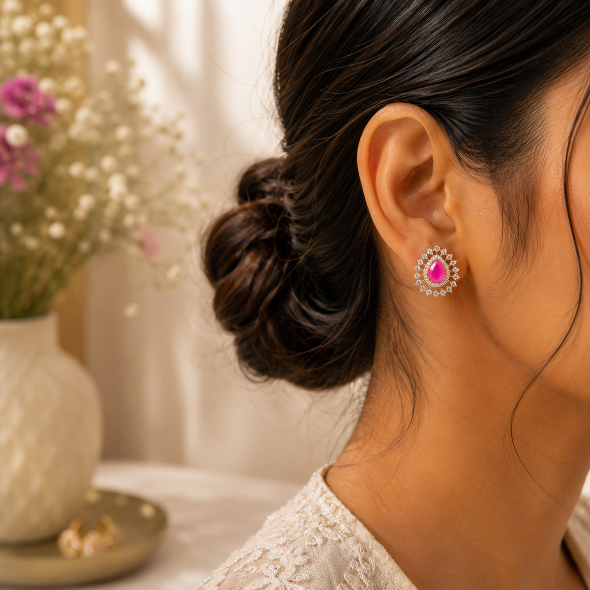 Ruby Teardrop Halo Stud Earrings – ERD0044