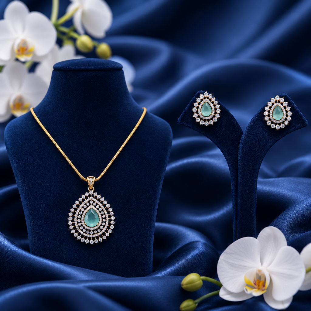 Teardrop Blue Stone Pendant Necklace Set – PD0043