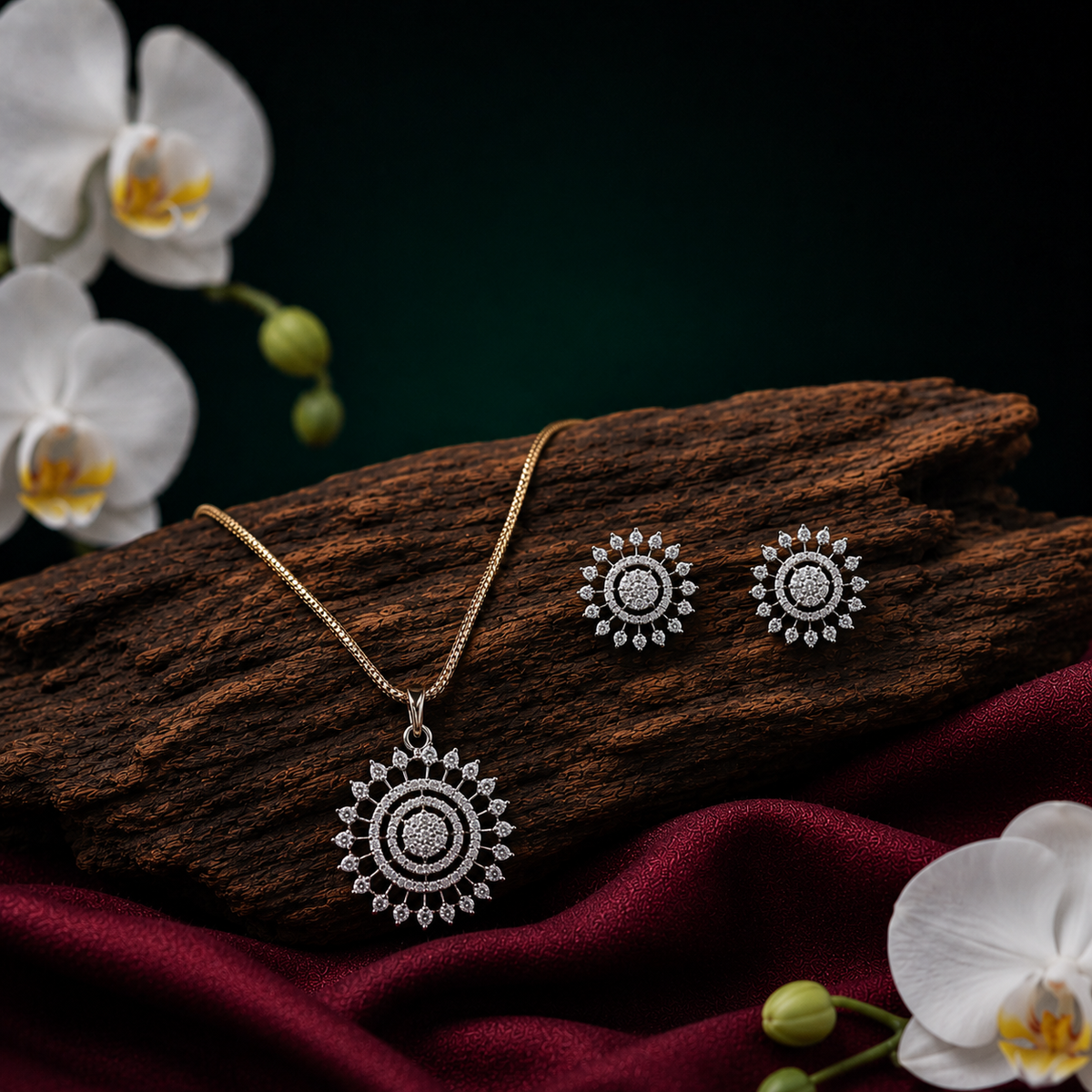 Round Floral CZ Pendant Necklace Set – PD0048