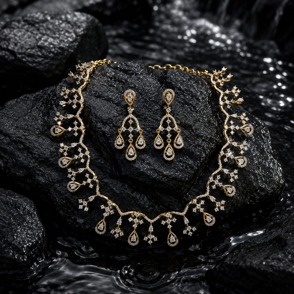 Floral Teardrop Diamond Necklace Set – ND0015