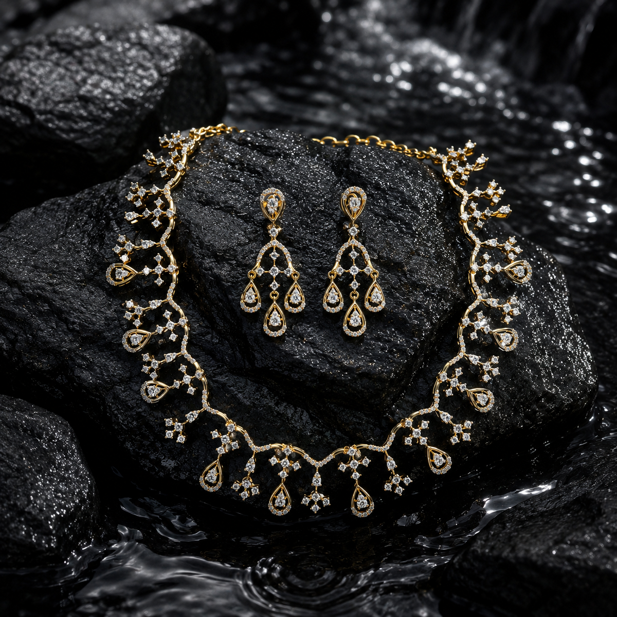 Floral Teardrop Diamond Necklace Set – ND0015