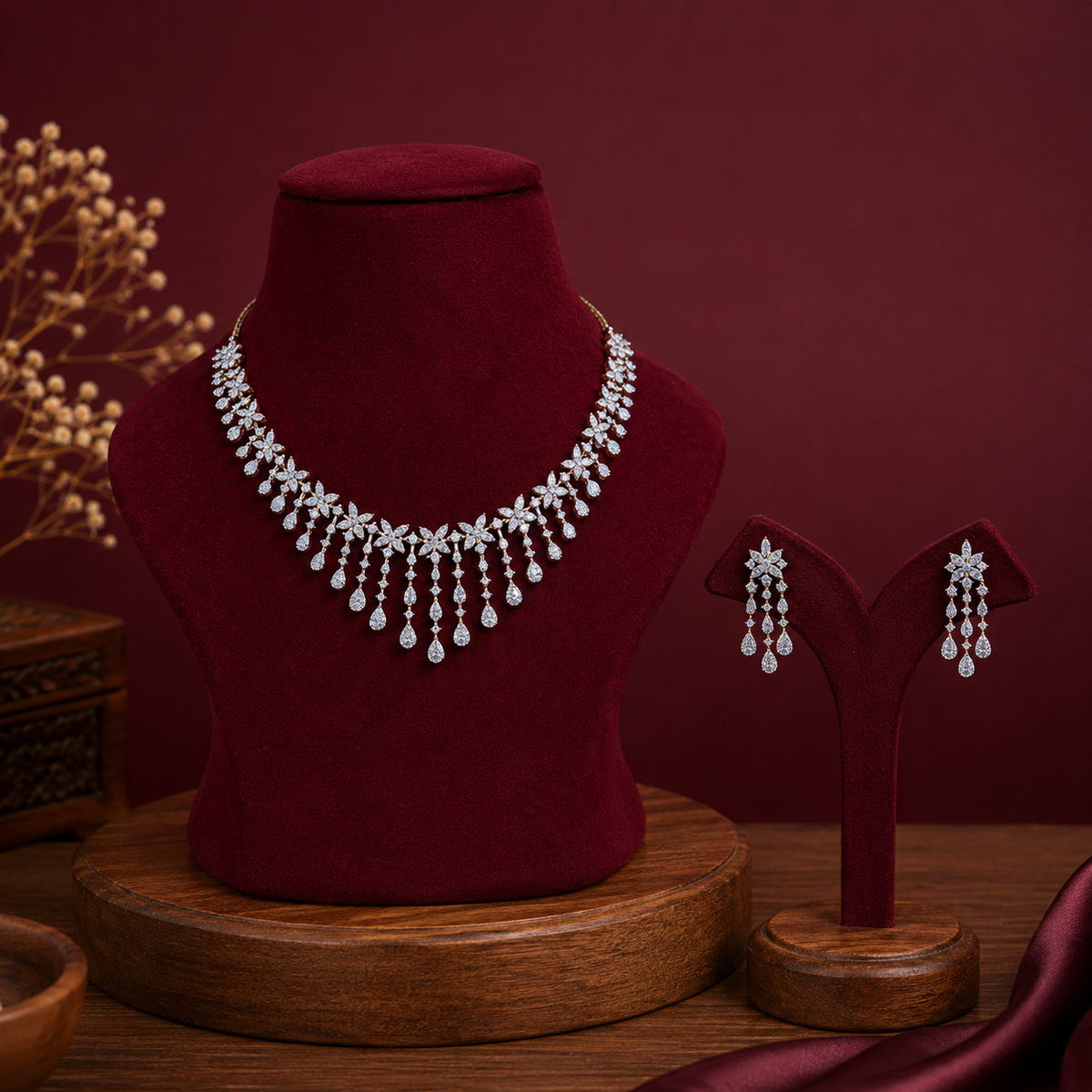 Floral Waterfall Diamond Necklace Set – ND0017