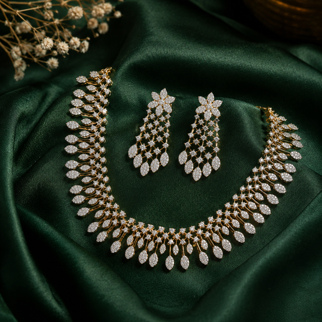 Elegant Leaf Cascade Diamond Necklace Set – ND0013