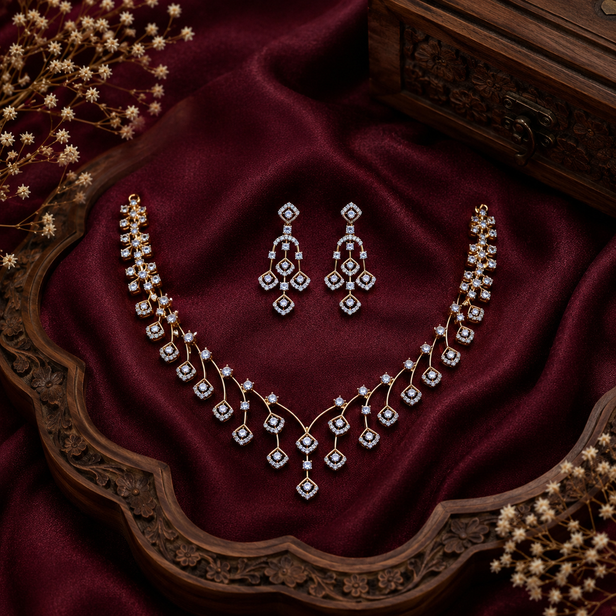 Elegant Cascade Diamond Necklace Set – ND0023