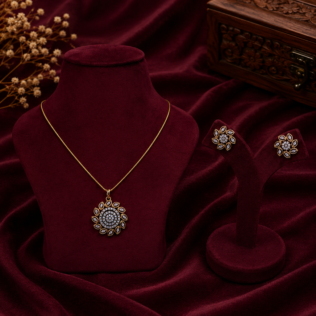 Floral Spiral CZ Pendant Necklace Set – PD0023