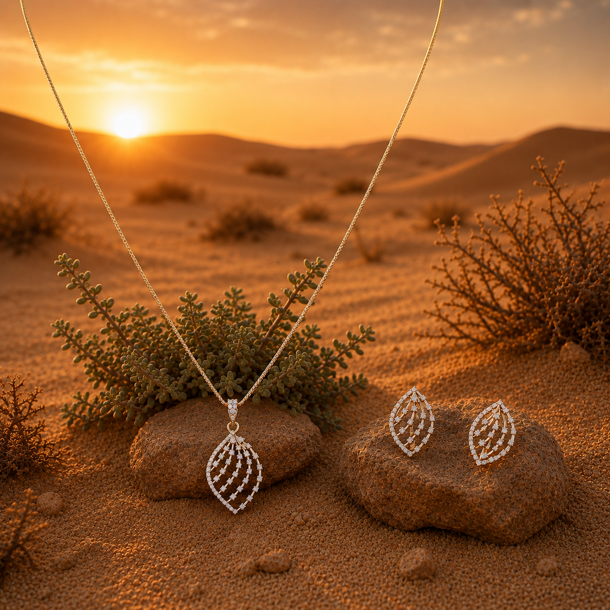 Elegant Leaf-Shaped CZ Pendant Necklace Set – PD0061