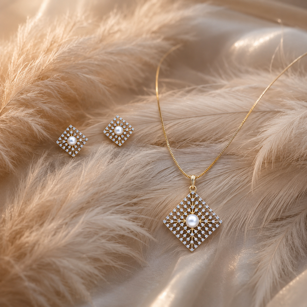Pearl Diamond-Shaped CZ Pendant Necklace Set – PD0062