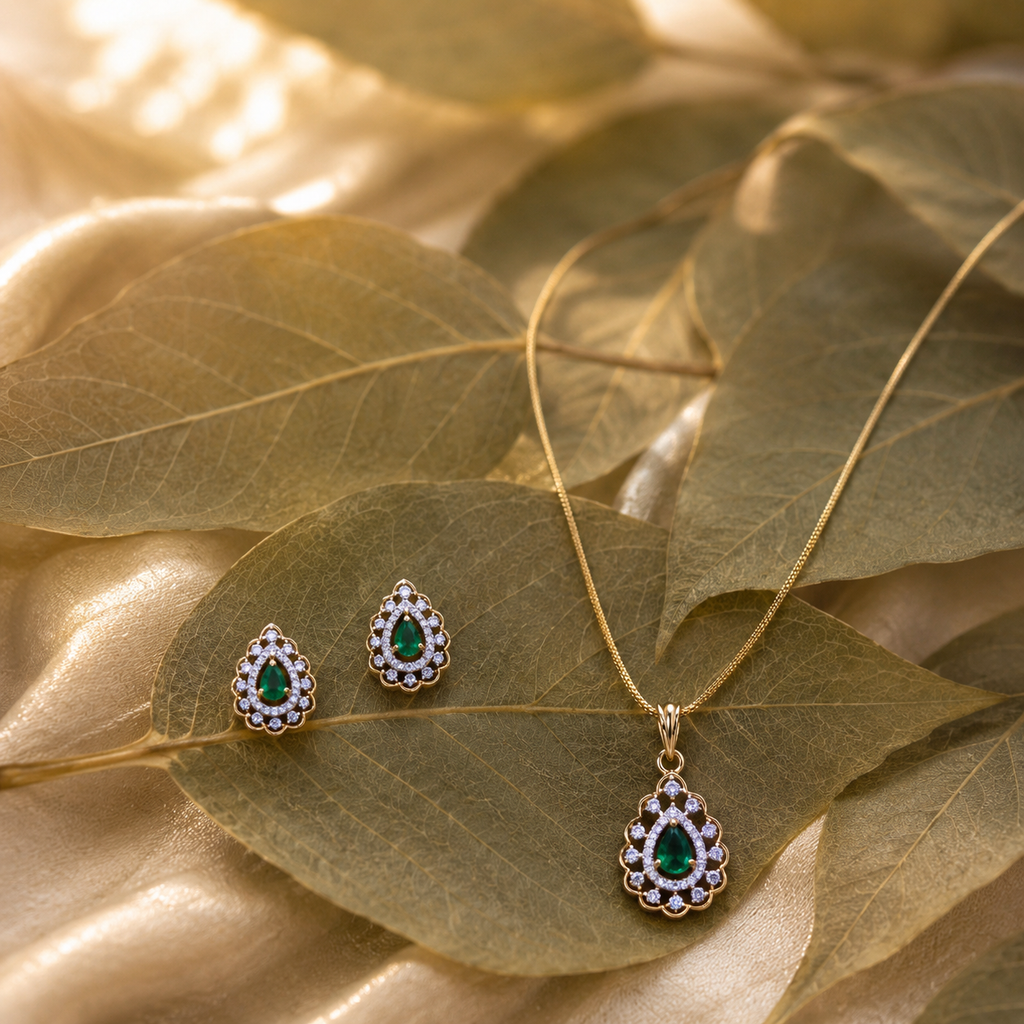 Emerald Teardrop CZ Pendant Necklace Set – PD0070