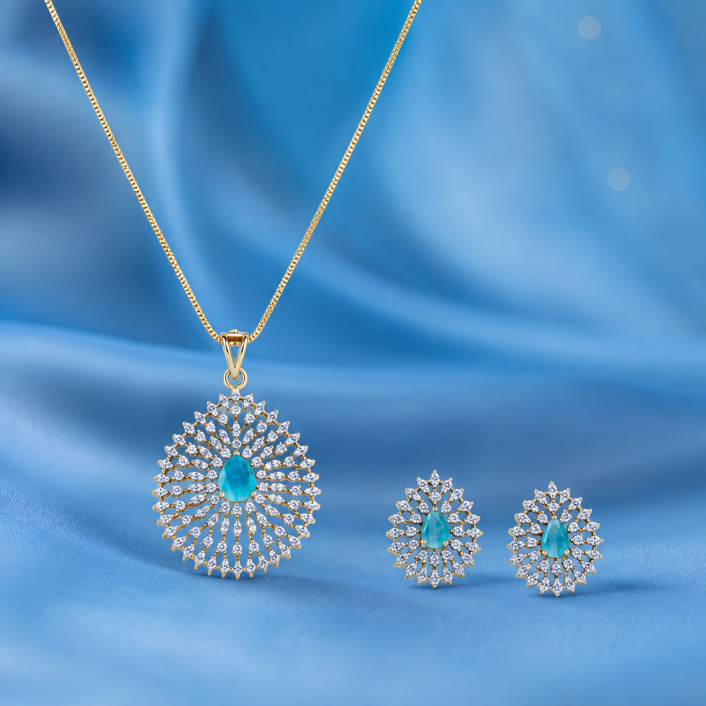 Blue Teardrop CZ Pendant Necklace Set – PD0074