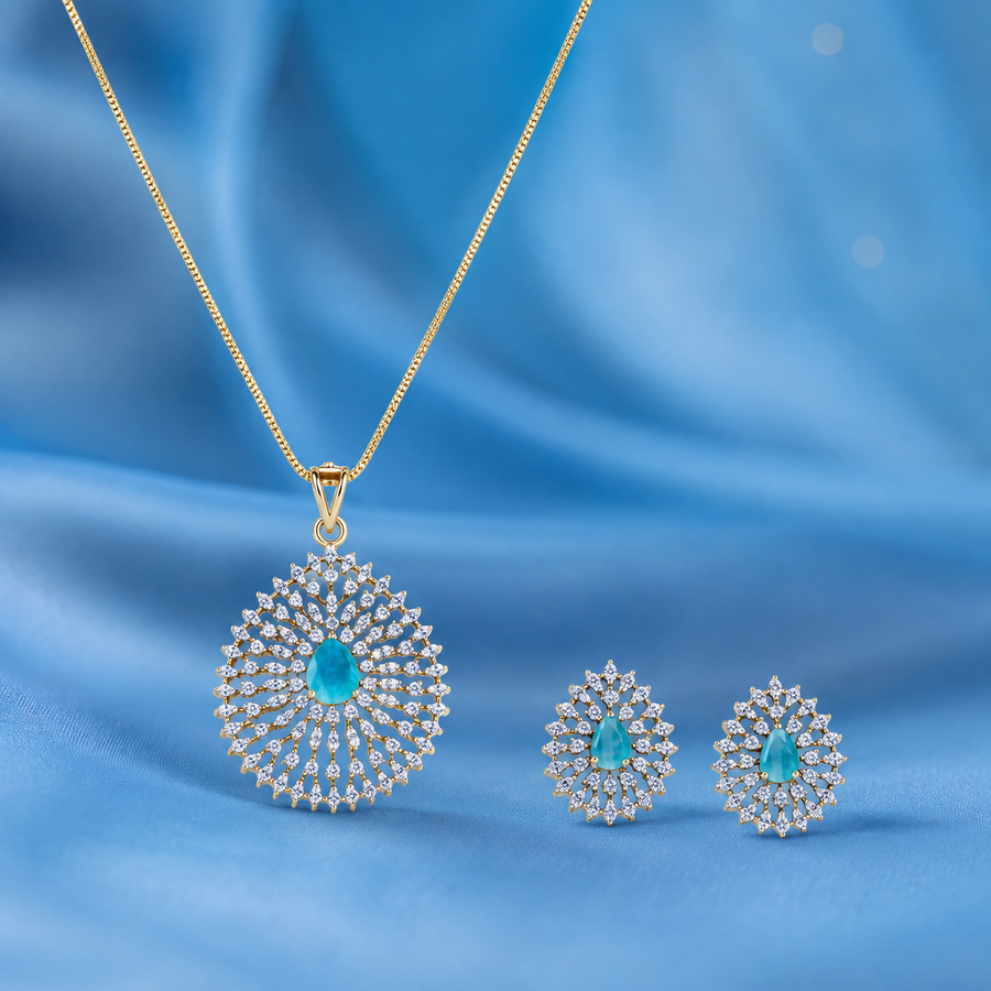 Blue Teardrop CZ Pendant Necklace Set – PD0074