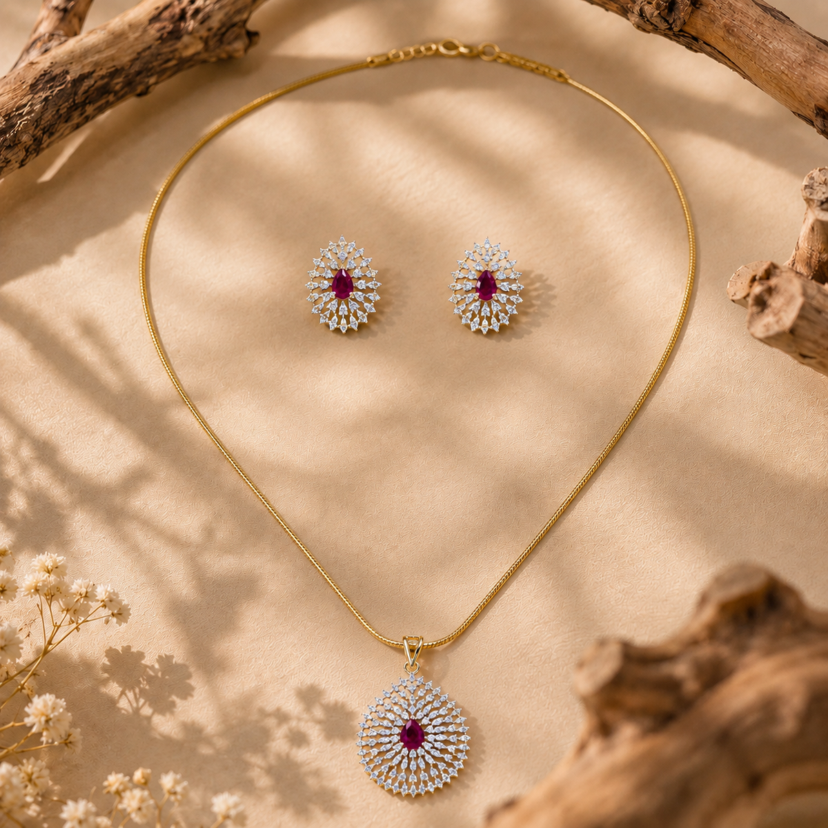 Ruby Teardrop CZ Pendant Necklace Set – PD0078