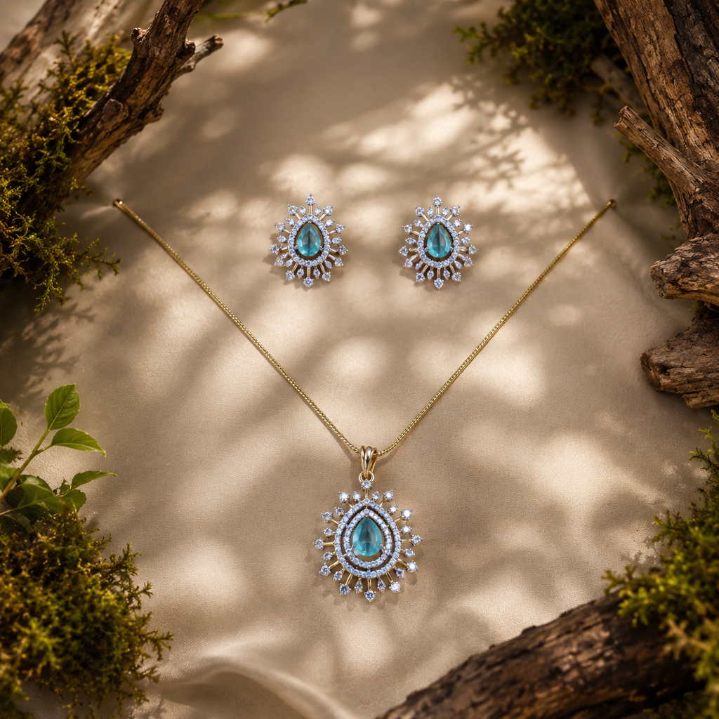 Blue Teardrop CZ Pendant Necklace Set – PD0079