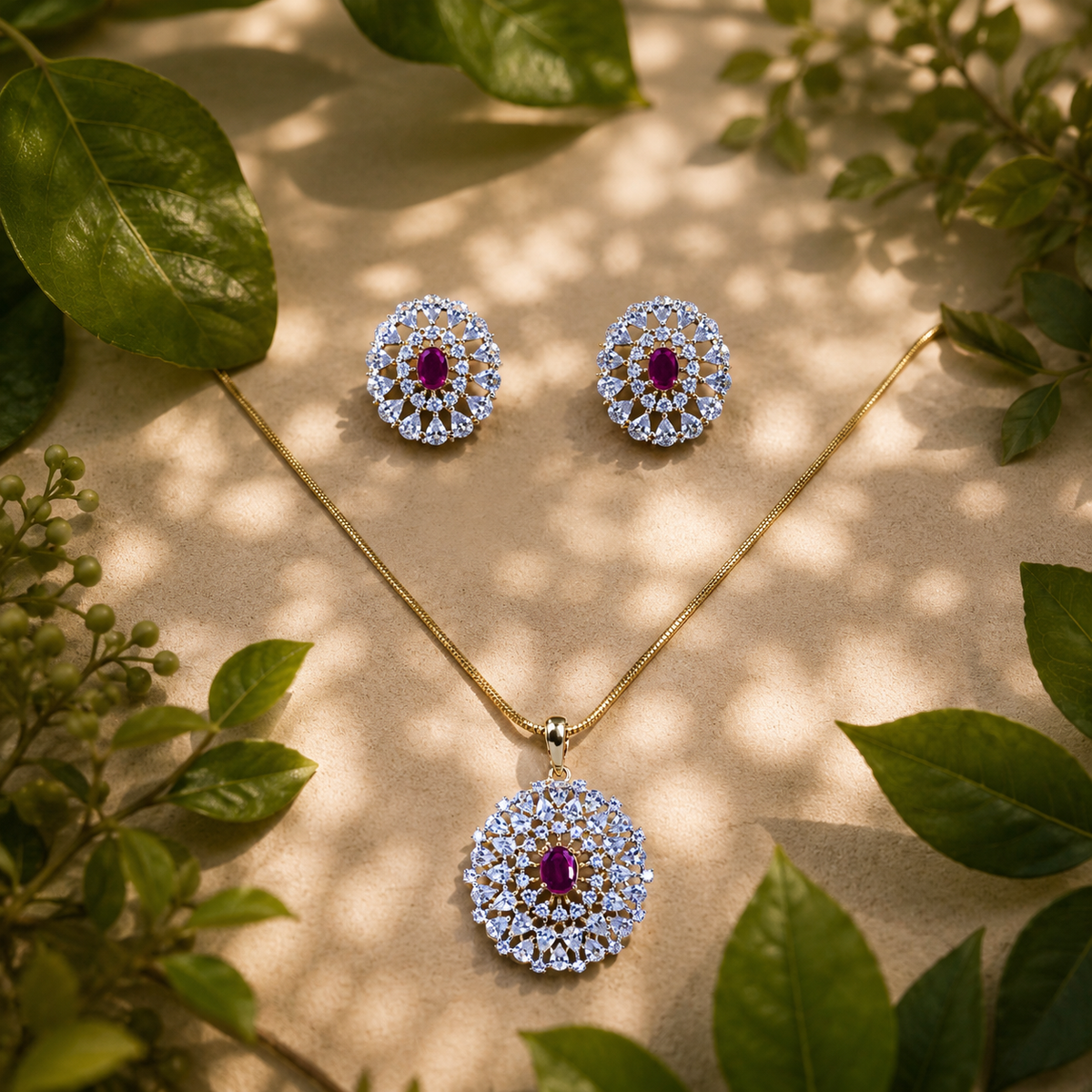 Ruby Oval CZ Pendant Necklace Set – PD0083
