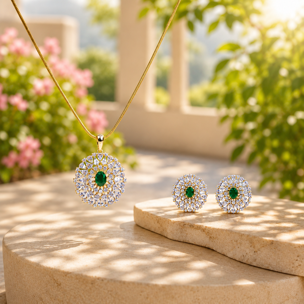 Emerald Round CZ Pendant Necklace Set – PD0085