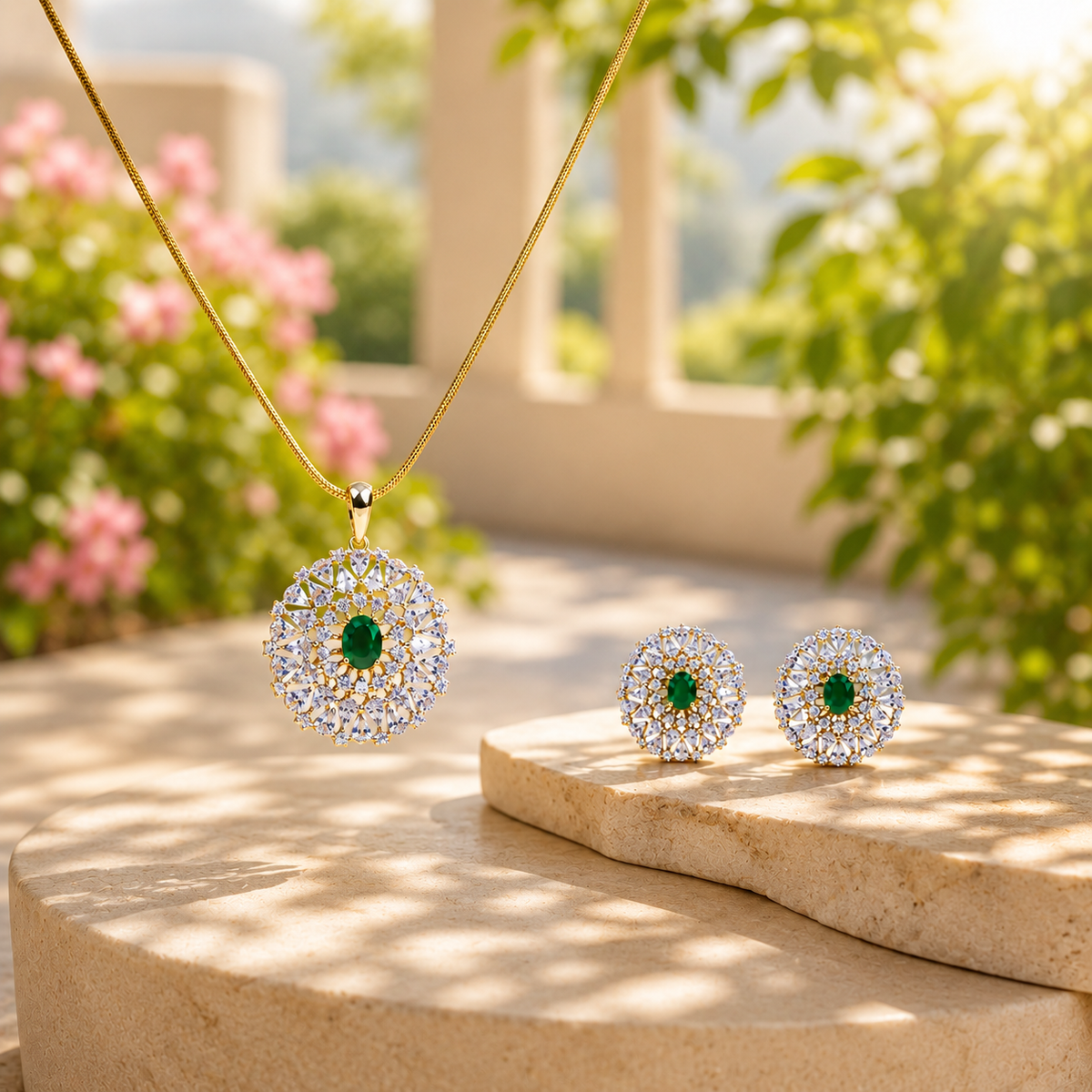 Emerald Round CZ Pendant Necklace Set – PD0085