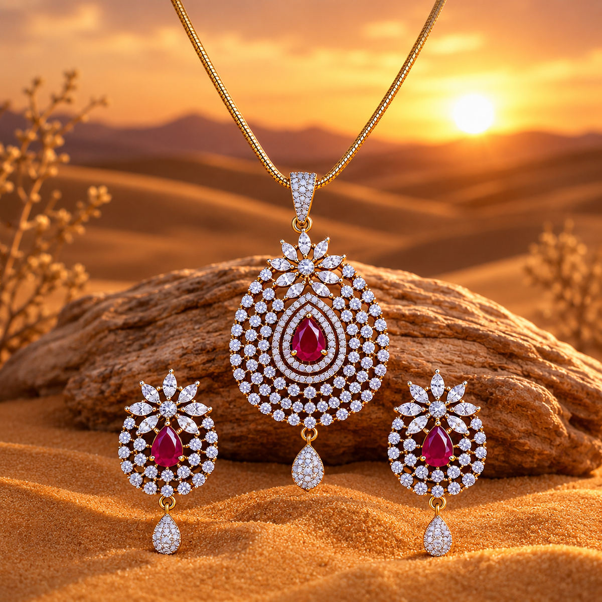 Ruby Teardrop CZ Pendant Necklace Set – PD0087