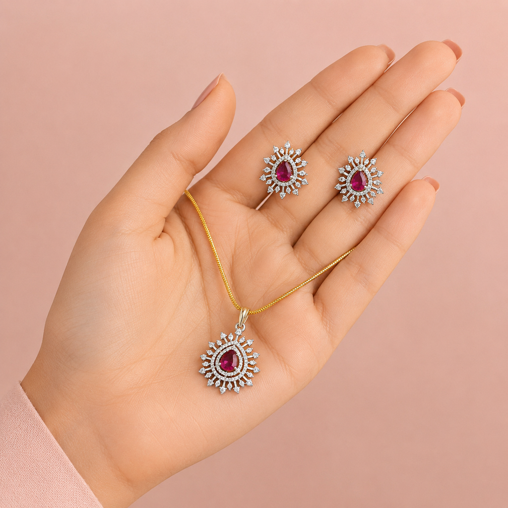 Ruby Teardrop CZ Pendant Necklace Set – PD0089