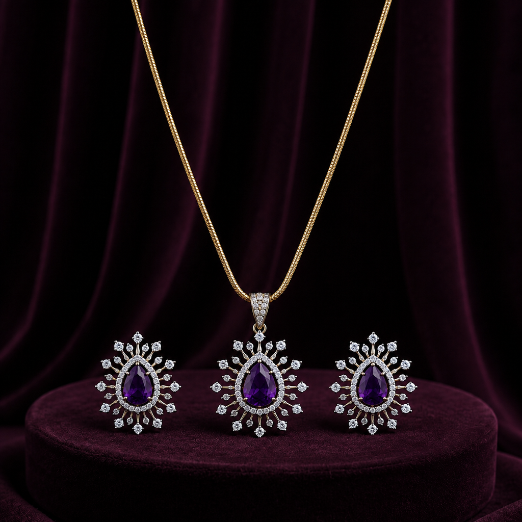 Purple Teardrop CZ Pendant Necklace Set – PD0090