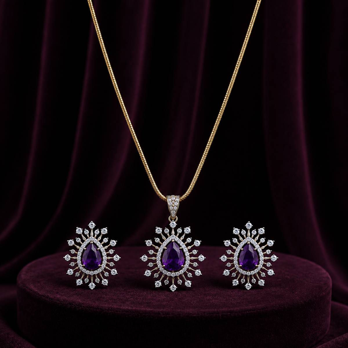 Purple Teardrop CZ Pendant Necklace Set – PD0090